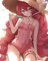  1girl absurdres bare_arms blue_archive blue_halo bow breasts clothing_cutout collarbone commentary covered_navel flower fluffy_hair food frilled_one-piece_swimsuit frilled_thigh_strap frills grey_eyes hair_between_eyes halo hat hat_flower highres holding holding_food holding_popsicle iroha_(blue_archive) iroha_(swimsuit)_(blue_archive) long_hair looking_at_viewer nekoya_(liu) official_alternate_costume one-piece_swimsuit paid_reward_available peaked_cap pink_one-piece_swimsuit popsicle red_hair side_cutout sitting small_breasts solo straw_hat sun_hat swimsuit thigh_strap tongue tongue_out twitter_username white_bow 