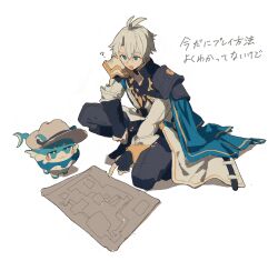  :3 ? antenna_hair asymmetrical_gloves black_boots black_choker black_gloves blue_cape blue_eyes boots bridal_gauntlets bubbles_(honkai:_star_rail) cape chimera choker coat commentary_request creature crossed_bangs fingerless_gloves fins fish_tail gloves hair_between_eyes hat highres honkai:_star_rail honkai_(series) invisible_floor jimini_shijimi knee_boots long_sleeves map on_one_knee open_mouth phainon_(honkai:_star_rail) pointing short_hair simple_background sun_hat sweatdrop tail translation_request white_background white_coat white_hair 