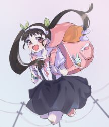  1girl :d backpack bag bandaid bandaid_on_knee bandaid_on_leg black_skirt blush brown_hair collared_shirt commentary_request day floating_hair full_body green_ribbon hachikuji_mayoi hair_ribbon hairband hands_up hatopippi45 holding_strap jumping legs_folded long_hair looking_at_viewer midair monogatari_(series) neck_ribbon open_mouth outdoors partial_commentary pink_bag pink_eyes pink_ribbon power_lines ribbon school_uniform shirt short_sleeves skirt sky smile solo suspender_skirt suspenders twintails utility_pole v-shaped_eyebrows white_hairband white_shirt white_sky 