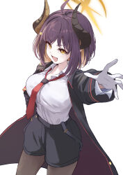  1girl absurdres black_coat blue_archive blue_shorts breasts brown_pantyhose coat collared_shirt commentary_request demon_girl demon_horns gloves halo highres horns kokage_yugure large_breasts mayumi_(blue_archive) necktie open_clothes open_coat pantyhose pointy_ears purple_hair red_necktie shirt short_hair short_shorts shorts solo white_gloves yellow_eyes yellow_halo 