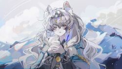  1girl absurdres animal_ear_fluff animal_ears arknights blue_shawl blue_sky clouds cup dress earrings en736499 grey_dress grey_eyes grey_hair half-closed_eyes highres holding holding_cup jewelry long_hair long_sleeves looking_to_the_side outdoors pramanix_(arknights) pramanix_the_prerita_(arknights) shawl sidelocks single_earring sky solo steam tiara upper_body wavy_hair 