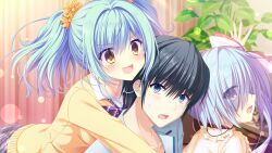  1boy 2girls :d arm_up black_hair blue_eyes blue_hair bow bowtie breast_press cardigan collarbone curtains da_capo da_capo_iv eyes_visible_through_hair flower frilled_shirt frills game_asset hair_bow hair_flower hair_intakes hair_ornament heads_together highres hinohara_chiyoko houjou_shiina hug hug_from_behind indoors jacket leaning_forward looking_at_another loose_bowtie multiple_girls non-web_source open_collar open_mouth plant potted_plant profile purple_bow purple_bowtie self-datamine shirt short_hair skirt smile striped_bow striped_bowtie striped_clothes sweatdrop tanihara_natsuki tokisaka_ichito twintails white_jacket yellow_cardigan yellow_eyes yellow_shirt 