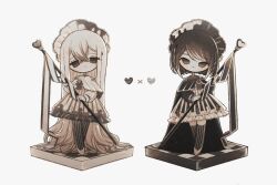 2girls absurdly_long_hair accurate_lolita_coord black_bonnet black_bow black_cape black_hair black_ribbon board_game bonnet bow brown_eyes brown_shoes cape capelet chess chess_piece chessboard chocolate classic_lolita commentary dress epaulettes expressionless frilled_dress frills gradient_eyes gradient_hair heart holding holding_staff lolita_fashion long_hair long_sleeves multicolored_eyes multicolored_hair multiple_girls naiguozi original pantyhose pawn_(chess) puffy_long_sleeves puffy_sleeves ribbon shoes short_hair socks staff striped_clothes striped_dress striped_pantyhose striped_socks striped_thighhighs thigh-highs untranslatable_commentary vertical-striped_clothes vertical-striped_dress vertical-striped_pantyhose vertical-striped_thighhighs very_long_hair white_bonnet white_capelet white_chocolate white_epaulettes white_hair white_ribbon
