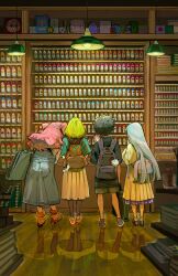  4girls agott_arklaum_(tongari_boushi_no_atelier) alternate_costume animal_bag backpack bag black_hair blue_hair book boots casual charm_(object) coco_(tongari_boushi_no_atelier) contemporary curly_hair double_bun dress from_behind full_body grey_hair hair_bun hanging_light highres indoors lampshade layered_clothes leggings long_dress long_hair long_sleeves loose_socks multiple_girls overalls paint_tube pink_hair qrbits reflection richeh_(tongari_boushi_no_atelier) shelf shirt shoes shop shopping short_hair shorts shoulder_bag sneakers socks standing t-shirt tetia_(tongari_boushi_no_atelier) tongari_boushi_no_atelier wavy_hair 