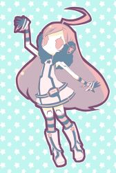  1girl ahoge aqua_background arm_warmers belt_pouch blue_gloves boots closed_mouth dot_mouth earmuffs fur-trimmed_jacket fur_trim gloves highres huge_ahoge jacket joints long_hair negiwave2000 outline pink_eyes pink_hair pouch purple_outline robot_girl robot_joints sf-a2_miki sleeveless sleeveless_jacket solo star_(symbol) star_symbol_background striped_arm_warmers striped_clothes striped_thighhighs thigh-highs very_long_hair vocaloid white_boots white_outline 