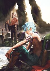  2boys absurdres aqua_pants arm_on_knee bag bandaged_arm bandages bead_necklace beads belt black_belt black_pants blood blood_on_bandages blue_eyes blue_hair boots brown_boots brown_hair camus_(dq11) cave commentary_request dagger day dragon_quest dragon_quest_xi earrings foot_out_of_frame full_body glowing_necklace green_bag green_boots hair_over_one_eye half-closed_eyes hands_up hero_(dq11) highres holding holding_unworn_clothes jewelry jun_(navigavi) knife korean_commentary lips looking_to_the_side male_focus multiple_boys multiple_scars navel necklace nipples nose one_eye_covered open_mouth pants pendant profile scabbard scar scar_on_arm sheath sheathed short_hair sitting standing sunlight sword teeth topless_male upper_teeth_only weapon wet wet_clothes 