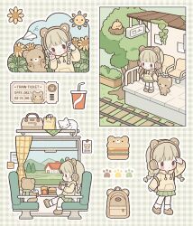  1girl animal arm_up bear bird bird_nest blonde_hair blunt_bangs blush braid brown_shoes burger chibi chibi_only closed_mouth commentary cup curtains disposable_cup drawstring drinking flower food french_fries gingham_background green_background green_skirt hand_up highres hinnya72 holding holding_cup holding_phone hood hood_down hoodie house long_hair long_sleeves multiple_views original outdoors outline phone pleated_skirt selfie shoes sitting skirt smile socks solid_oval_eyes split_mouth sun sunflower ticket tile_floor tiles train_station tree twin_braids untranslatable_commentary v white_outline white_socks window yellow_hoodie 
