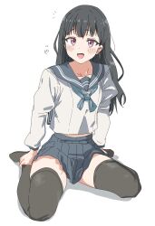  1girl absurdres black_skirt black_thighhighs blue_bow blush bow highres jacket looking_at_viewer open_mouth original school_uniform simple_background sitting skirt smile solo thigh-highs white_background white_jacket wood_pump 