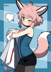 1girl :o ;o absurdres ahoge animal_ears arknights bare_shoulders black_choker black_pantyhose blue_background blue_border blue_eyes blue_shirt blush border bright_pupils choker commentary_request extra_ears fox_ears fox_girl fox_tail hendra highres holding holding_unworn_clothes holding_unworn_jacket jacket looking_at_viewer material_growth one_eye_closed oripathy_lesion_(arknights) outside_border pantyhose pink_hair puff_of_air shirt simple_background solo sussurro_(arknights) sweat tail unworn_jacket white_pupils 