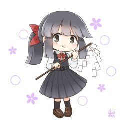  1girl artist_logo black_dress black_hair black_socks bow bowtie brown_eyes brown_shoes chibi chibi_only dress gohei hair_bow himorogi_koyomi_(kitagawa_suigetsu) holding holding_stick kitagawa_suigetsu logo looking_at_viewer oonusa original pleated_dress ponytail red_bow red_bowtie shirt shoes smile socks solo stick white_background white_shirt 