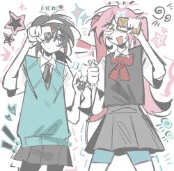  2girls airpods alien_stage alternate_costume aqua_sweater_vest black_hair black_necktie black_skirt black_sweater_vest bow bowtie cellphone closed_mouth collared_shirt commentary earphones earphones english_commentary glasses green_eyes highres holding holding_phone iphone jellyfish mizi_(alien_stage) mogumatcha multiple_girls necktie open_mouth phone pink_hair red_bow red_bowtie samsung school_uniform shirt skirt smartphone star_(symbol) sua_(alien_stage) sweater_vest twintails violet_eyes white_shirt wireless_earphones 