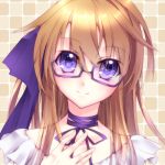  blush bow brown_background brown_hair choker collarbone dress glasses hair_bow hand_on_own_chest kawasaki_toiro light_smile long_hair looking_at_viewer neck_ribbon original portrait purple-framed_glasses purple_eyes ribbon semi-rimless_glasses solo tiles under-rim_glasses violet_eyes 