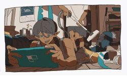  1boy 1other anger_vein angry aqua_eyes aqua_horns bag_of_chips bedroom border braid braided_ponytail commentary_request dark-skinned_male dark_skin dot_nose hair_between_eyes handheld_game_console highres holding holding_handheld_game_console horns ice_god_(jimini_shijimi) indoors jimini_shijimi long_hair lying messy_room musical_note on_floor on_stomach open_mouth original plastic_bottle pointy_ears sharp_teeth shirt short_eyebrows short_sleeves shorts sleeveless t-shirt teeth vacuum_cleaner white_border white_shirt 