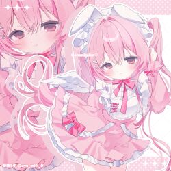  1girl absurdres arms_behind_back artist_name blush bow bowtie closed_mouth commentary commission cowboy_shot double-parted_bangs dress frilled_dress frills hair_between_eyes hair_intakes highres letterboxed long_hair looking_at_viewer maid_headdress original outside_border pink_bow pink_bowtie pink_dress pink_eyes pink_hair polka_dot satou_uyu shirt skeb_commission smile solo twintails twitter_username white_shirt zoom_layer 