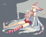  adapted_costume bad_id bare_shoulders bow breasts character_name cleavage fujiwara_no_mokou hair_bow hair_ribbon kurobuta_gekkan long_hair mismatched_legwear navel red_eyes ribbon shorts solo striped striped_legwear suspenders thigh-highs thighhighs touhou very_long_hair white_hair 