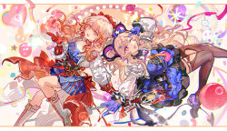  2girls absurdres arknights arknights:_endfield belt blue_dress blue_gloves blue_skirt boots brown_thighhighs chinese_commentary commentary_request curled_horns demon_girl demon_horns dress gloves haruka_(arknights) highres horns knee_boots legwear_cutout liino_(arknights) long_hair long_sleeves looking_at_viewer mento multiple_girls offering_hand one_eye_closed open_mouth orange_hair partially_fingerless_gloves pointy_ears red_gloves skirt smile star-shaped_pupils star_(symbol) symbol-shaped_pupils thigh-highs very_long_hair white_boots 