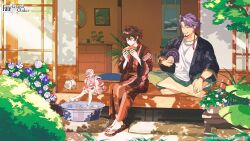  1girl 2boys architecture black_hair bracelet bush curly_hair dante_alighieri_(fate) duryodhana_(fate) earrings east_asian_architecture eating facial_hair fate/grand_order fate_(series) flower food fruit goatee grey_eyes habetrot_(fate) hair_ornament hairclip hand_fan highres holding holding_fan holding_food japanese_clothes jewelry keishin kimono long_hair long_sleeves medium_hair multicolored_hair multiple_boys necklace official_art open_mouth pink_hair pointy_ears promotional_art purple_hair red_hair red_nails ring shirt short_hair sitting smile summer two-tone_hair violet_eyes watermelon watermelon_slice yukata 