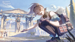  1boy 3girls absurdres artist_request blonde_hair brown-framed_eyewear character_request day dragon_girl faceless faceless_male goggles goggles_on_head hand_on_own_kn happy high_ponytail highres infinity_nikki jumping multiple_girls nikki_(series) official_art outdoors outstretched_arm parksolian_(infinity_nikki) ponytail round_eyewear second-party_source short_hair short_ponytail solo_focus squatting wilhelm_(infinity_nikki) wind 