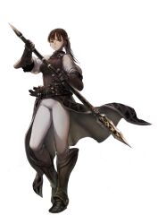  1girl absurdres armored_boots belt black_belt boots breasts brown_boots brown_hair brown_vest cape collared_shirt commentary_request fantasy full_body gambeson gloves grey_cape grey_gloves highres holding holding_polearm holding_weapon jun_(navigavi) korean_commentary layered_sleeves lips long_hair long_sleeves looking_at_viewer medium_breasts nose original pants parted_lips polearm ponytail shirt simple_background solo standing vambraces vest weapon white_background white_pants white_shirt yellow_eyes yellow_pupils 