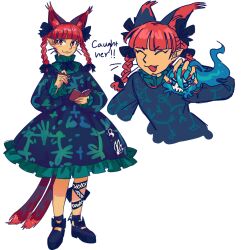  1girl :3 animal_ears black_dress black_ribbon black_shoes blunt_bangs book cat_ears cat_girl cat_tail closed_eyes commentary dress english_commentary extra_ears fang fingernails frilled_dress frills hitodama holding holding_book holding_pen kaenbyou_rin leg_ribbon long_fingernails miyadeguchi_mizuchi multiple_tails multiple_views open_mouth pen red_eyes red_nails ribbon shoes simple_background speargsun standing sweatdrop tail touhou two_tails white_background 