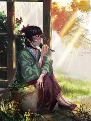  1girl basket black_hair closed_mouth commentary english_commentary food fruit highres holding holding_food holding_fruit ira_fook japanese_clothes knees_up kusuriya_no_hitorigoto lemon maomao_(kusuriya_no_hitorigoto) outdoors pink_ribbon ponytail ribbon shoes sitting solo sunlight wide_sleeves 
