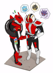  2boys animification armored_bodysuit den-o_belt full_body helmet kamen_rider kamen_rider_den-o kamen_rider_den-o_(series) kamen_rider_den-o_(sword_form) kamen_rider_drive kamen_rider_drive_(series) kamen_rider_drive_(type_speed) kintaros male_focus multiple_boys pointing rider_belt ryutaros shift_car speech_bubble spoken_character standing tokusatsu urataros yaka_(kk1177) 