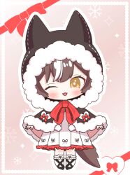  1girl amanogawa_shiina_(artist) animal_ear_hood animal_ears animated animated_gif beret black_capelet black_hat black_shoes blush bow bow_legwear bowtie brown_background brown_hair brown_tail capelet chain chibi chibi_only chisaka_airi closed_eyes colored_inner_hair dress dress_bow fangs flower frilled_dress frilled_socks frills full_body fur-trimmed_capelet fur-trimmed_hood fur_trim hair_flower hair_ornament hairclip hat heart highres hood hood_down hood_up long_hair looking_at_viewer multicolored_hair multiple_expressions official_alternate_costume official_art one_eye_closed open_mouth outline parallel_hairclips phase_connect pink_hair pleated_dress pom_pom_(clothes) red_bow red_bowtie shoes short_dress sidelocks simple_background skin_fangs slideshow_animation smile snowflakes socks solo sparkle standing streaked_hair tail third-party_source twintails very_long_hair virtual_youtuber white_dress white_outline white_socks white_streaks winter_clothes wolf_ears wolf_girl wolf_tail yellow_eyes 