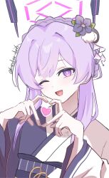  1girl artist_name blue_archive blue_kimono bright_pupils commentary floating_headgear flower four-finger_heart_hands hair_flower hair_ornament halo headgear heart heart_hands highres japanese_clothes karubo kimono long_hair long_sleeves looking_at_viewer one_eye_closed open_mouth purple_hair purple_halo sash simple_background smile solo twitter_username two-tone_kimono untranslatable_commentary updo upper_body utaha_(blue_archive) utaha_(idol)_(blue_archive) violet_eyes white_background white_kimono white_pupils 