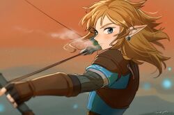  1boy armor black_gloves blonde_hair blue_eyes bow_(weapon) bracer champion's_tunic_(zelda) closed_mouth commentary_request drawing_bow earrings fingerless_gloves gloves highres holding holding_bow_(weapon) holding_weapon jewelry leather_armor link male_focus maya_(mayamayammy) medium_hair orange_sky pointy_ears shoulder_armor signature sky solo the_legend_of_zelda the_legend_of_zelda:_tears_of_the_kingdom upper_body weapon 