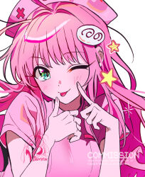  1girl :p ;p ahoge akanbe artist_logo artist_name blush breasts character_hair_ornament commentary commission cropped dixretsa english_commentary eyelid_pull finger_to_cheek finger_to_own_chin fingernails green_eyes hair_ornament hands_up hat highres lala_satalin_deviluke limited_palette logo long_hair looking_at_viewer loose_hair_strand medium_breasts mixed-language_commentary nurse nurse_cap one_eye_closed pink_hair pink_hat pink_shirt pink_theme portrait shirt short_sleeves simple_background solo star_(symbol) thumbs_up to_love-ru tongue tongue_out watermark white_background wink_star 