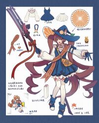  1girl absurdres angelina_(arknights) angelina_the_mellow_wish_(arknights) animal_ears arknights arrow_(symbol) artist_name bag blue_border blue_dress blue_gloves blue_hat blue_shorts border brown_hair chinese_commentary choshanland_plushy_(arknights) collared_shirt commentary_request dress food food_print fox_ears fox_girl fox_tail fruit fruit_print full_body gloves hair_between_eyes hat highres holding holding_staff kanjianqian leaf long_hair long_sleeves looking_at_viewer official_art_inset open_mouth orange_(fruit) orange_print orange_slice pointing_out_the_details sash shirt shorts shoulder_sash smile solo staff standing tail thigh-highs twintails very_long_hair white_background white_shirt white_thighhighs witch witch_hat 