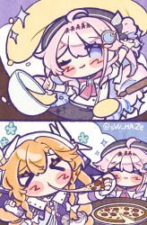  >_< 2girls ahoge blue_eyes braid cheese cheese_trail colored_inner_hair commentary_request cooking denia_(wuthering_waves) food hair_ornament highres korean_commentary long_hair multicolored_hair multiple_girls one_eye_closed orange_hair pink_hair pizza purple_hair sigrika_(wuthering_waves) smile sw_haze veil white_veil wuthering_waves 