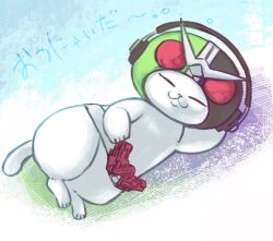 animal_focus cat closed_eyes closed_mouth commentary_request doubledriver facing_viewer full_body headphones highres kamen_rider kamen_rider_double kamen_rider_double_(cyclonejoker) kamen_rider_w lying no_humans on_side rider_belt sleeping tonteki555 translation_request