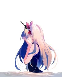  1girl blonde_hair commentary_request covering_own_eyes crown crying ereshkigal_(fate) fate/grand_order fate_(series) hair_ribbon highres mmzk ribbon solo twintails 