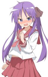  1girl blush commentary_request cowboy_shot embarrassed highres hiiragi_kagami long_hair lucky_star maho_ron1 neckerchief open_mouth purple_hair red_neckerchief red_sailor_collar red_skirt ryouou_school_uniform sailor_collar school_uniform shirt simple_background skirt small_sweatdrop solo twintails violet_eyes white_background white_shirt 