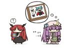  ? bangs bat_wings blue_hair blunt_bangs book book_stack bow box butterfly cape chibi crescent dress dress_shirt hair_bow hat head_wings holding holding_book koakuma kurokoori long_hair long_sleeves multiple_girls necktie no_mouth no_nose patchouli_knowledge payot purple_hair red_hair redhead shirt skirt skirt_set solid_oval_eyes striped striped_dress thought_bubble touhou vertical_stripes very_long_hair vest white_shirt wide_face wide_sleeves wings wriggle_nightbug 