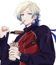  1boy bag blonde_hair blue_eyes blue_hair blue_lock blue_tattoo cup duffel_bag eyeliner flower_tattoo food food_in_mouth french_fries gradient_hair hand_tattoo highres holding holding_cup jacket makeup male_focus michael_kaiser mouth_hold multicolored_hair nannnann4321 neck_tattoo red_eyeliner short_hair short_hair_with_long_locks simple_background solo tattoo track_jacket two-tone_hair upper_body white_background zipper 