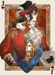  absurdres artist_name ascot black_hat blue_gem blue_sash brooch brown_eyes brown_hair card character_request closed_mouth copyright_request earrings epaulettes feathers frilled_sleeves frills gem hat hat_feather hat_ornament highres holding holding_sword holding_weapon jewelry long_hair long_sleeves low_ponytail medal neck_tattoo picture_frame playing_card ponytail profile sash sidelocks smile sparkle sword tattoo upper_body watermark weapon weibo_watermark white_ascot yu_anle_bu_le 