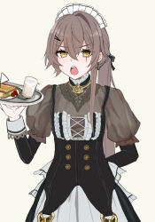  1girl arm_behind_back asymmetrical_sidelocks black_bow black_dress blush bow brown_hair brown_shirt commentary_request cosplay cowboy_shot cup double-parted_bangs dress enmaided food girls'_frontline_2:_exilium girls_frontline hair_between_eyes hair_bow hair_ornament hairclip highres holding holding_tray koenza_botoke layered_sleeves long_hair long_sleeves looking_at_viewer maid maid_headdress open_mouth sandwich scar scar_across_eye scar_on_face see-through_clothes see-through_shirt sextans_(girls'_frontline_2) sextans_(girls'_frontline_2)_(cosplay) shirt short_over_long_sleeves short_sleeves side_ponytail sidelocks simple_background solo standing teeth tray ump45_(girls'_frontline) upper_teeth_only very_long_hair white_dress yellow_background yellow_eyes 