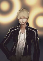  1boy absurdres annoyed black_jacket blonde_hair casual collarbone collared_jacket commentary commentary_request fate/stay_night fate_(series) gilgamesh_(fate) gilgamesh_(immoral_biker_jacket)_(fate) glowing hair_between_eyes hand_in_pocket highres jacket jun_(navigavi) korean_commentary long_sleeves looking_at_viewer male_focus nose official_alternate_costume open_clothes open_jacket open_mouth red_eyes shirt short_hair solo teeth upper_body white_shirt 