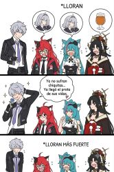  1boy 3girls blue_flower blue_rose crying flower highres hotori_(nte) male_esper_zero_(nte) meme mint_(nte) multiple_girls nanally_(nte) neverness_to_everness non-web_source rose spanish_commentary 