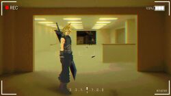  2boys armor backrooms_(creepypasta) battery_indicator belt black_feathers black_wings blonde_hair boots buster_sword ceiling ceiling_light cloud_strife falling_feathers feathers final_fantasy final_fantasy_vii gloves grey_hair highres indoors liminal_space looking_at_viewer male_focus meme multiple_boys pauldrons poffg_7 recording sephiroth short_hair shoulder_armor single_wing spiky_hair standing timestamp viewfinder wings 