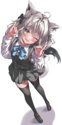  1girl :d ;d absent absurdres aged_down ahoge animal_ear_piercing animal_ears aqua_eyes backpack bag bandaid bandaid_on_leg bandaid_on_thigh belt black_belt black_dress black_shoes black_thighhighs blue_bow blue_bowtie blue_nails blush bow bowtie commentary crime_prevention_buzzer double_fox_shadow_puppet dress dress_shirt fang fox_ears fox_girl fox_shadow_puppet fox_tail full_body grey_hair hair_between_eyes head_tilt highres hololive long_hair long_sleeves looking_at_viewer miteiru_(shirakami_fubuki) no_panties one_eye_closed open_mouth pinafore_dress randoseru school_uniform shirakami_fubuki shirt shoes short_dress shukusei!!_loli-kami_requiem skin_fang sleeveless sleeveless_dress smile solo tail thigh-highs twintails virtual_youtuber w_arms white_shirt zettai_ryouiki 