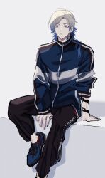  1boy arm_support blonde_hair blue_eyes blue_lock blue_tattoo eyeliner fingernails flower_tattoo highres layered_sleeves long_sleeves makeup male_focus michael_kaiser multicolored_hair nannnann4321 neck_tattoo pants red_eyeliner shoes short_hair short_over_long_sleeves short_sleeves simple_background sitting solo tattoo two-tone_hair white_background zipper zipper_pull_tab 