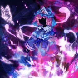  1girl blue_hat blue_kimono blue_ribbon blue_sash bow bug butterfly cherry_blossom_print commentary_request faceless floral_print frilled_kimono frilled_shirt_collar frills ghost glowing_butterfly hat hitodama japanese_clothes kaigen_1025 kimono long_sleeves magic_circle meandros mob_cap neck_ribbon pink_hair ribbon ribbon-trimmed_collar ribbon_trim saigyouji_yuyuko sash short_hair silhouette sleeve_garter solo touhou triangular_headpiece waist_bow wide_sleeves 