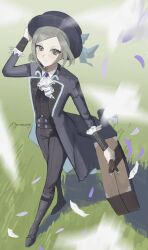  1girl ascot black_boots black_coat black_hat black_pants blue_bow boater_hat boots bow coat commentary from_above full_body grass grey_eyes grey_hair hair_bun hand_on_headwear hat hat_bow highres holding holding_suitcase looking_at_viewer pants reverse:1999 shirt short_hair single_side_bun smile solo suitcase vertin_(reverse:1999) vest waistcoat walking white_ascot white_shirt yundrawingz 
