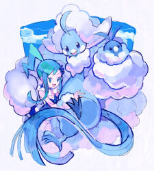  1girl altaria blue_dress blue_eyes border commentary_request dress kantarou_(8kan) lisia_(pokemon) long_hair looking_at_viewer mega_altaria mega_pokemon open_mouth pokemon pokemon_(creature) pokemon_omega_ruby_and_alpha_sapphire ponytail swablu white_border 