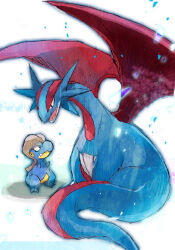  bagon black_eyes commentary_request evolutionary_line kantarou_(8kan) looking_at_another no_humans open_mouth pokemon pokemon_(creature) salamence sitting white_background 