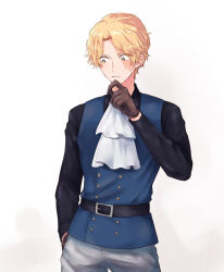  1boy ascot black_shirt blonde_hair blue_vest brown_gloves commentary_request cowboy_shot gloves hand_in_pocket highres looking_down male_focus nyuu_men one_piece sabo_(one_piece) scar scar_on_face shirt short_hair simple_background solo vest white_ascot 