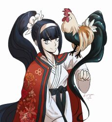  1girl animal_on_arm bird black_hair cape chicken commentary english_commentary hairband hand_up highres long_hair looking_at_viewer magadori_kyoshika martial_arts_belt marzipanmili ponytail red_cape rooster simple_background smile solo the_hundred_line_-last_defense_academy- twitter_username white_background white_dougi white_hairband 